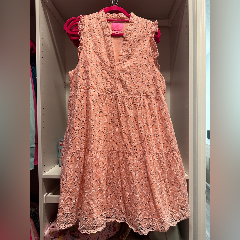 LILLY PULITZER Large Briela Peach Hyacinth Floral Arch Eyelet Dress XL - Picture 2 of 4